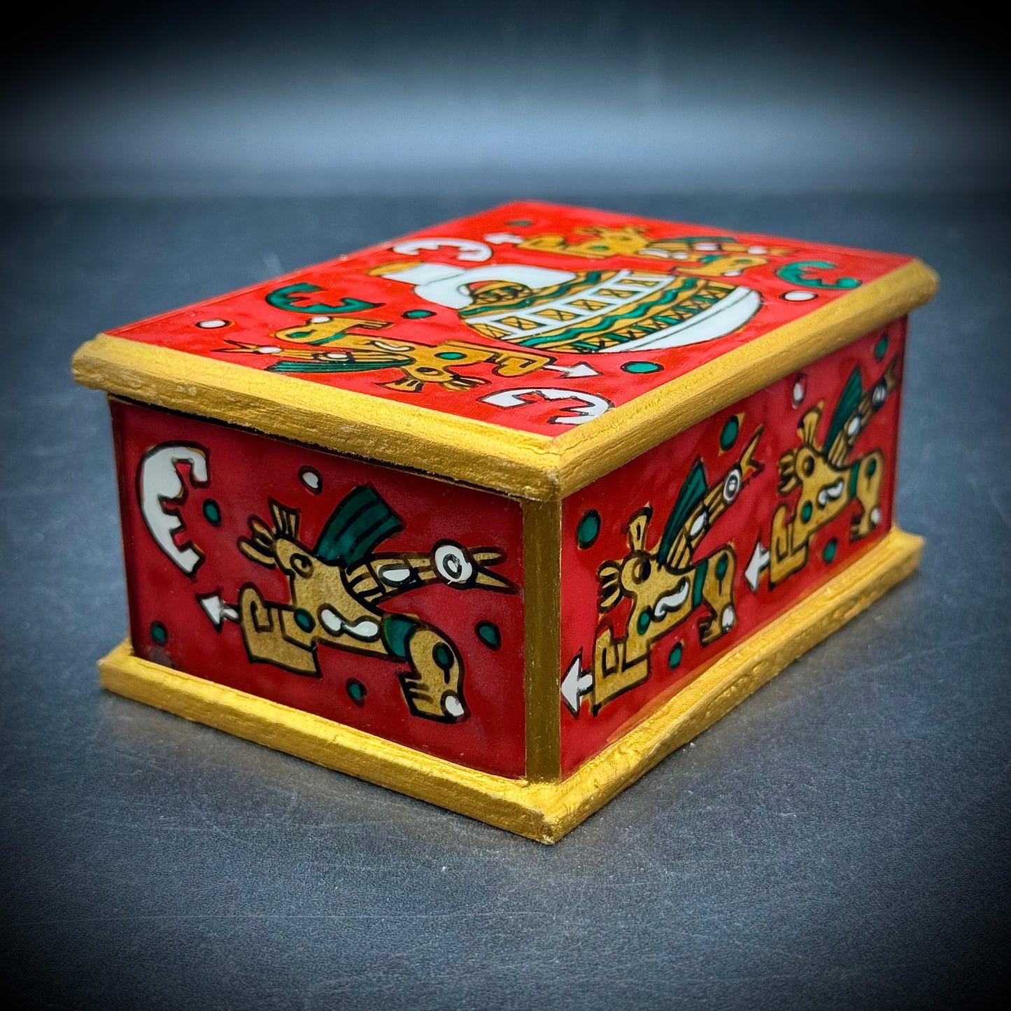 South American Made Mayan Motif Hinged Lidded Trinket Box