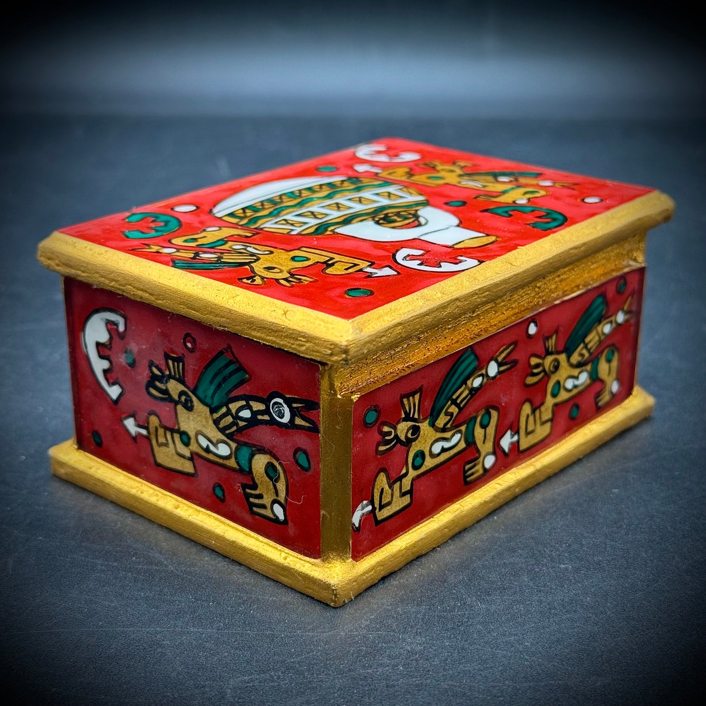 South American Made Mayan Motif Hinged Lidded Trinket Box