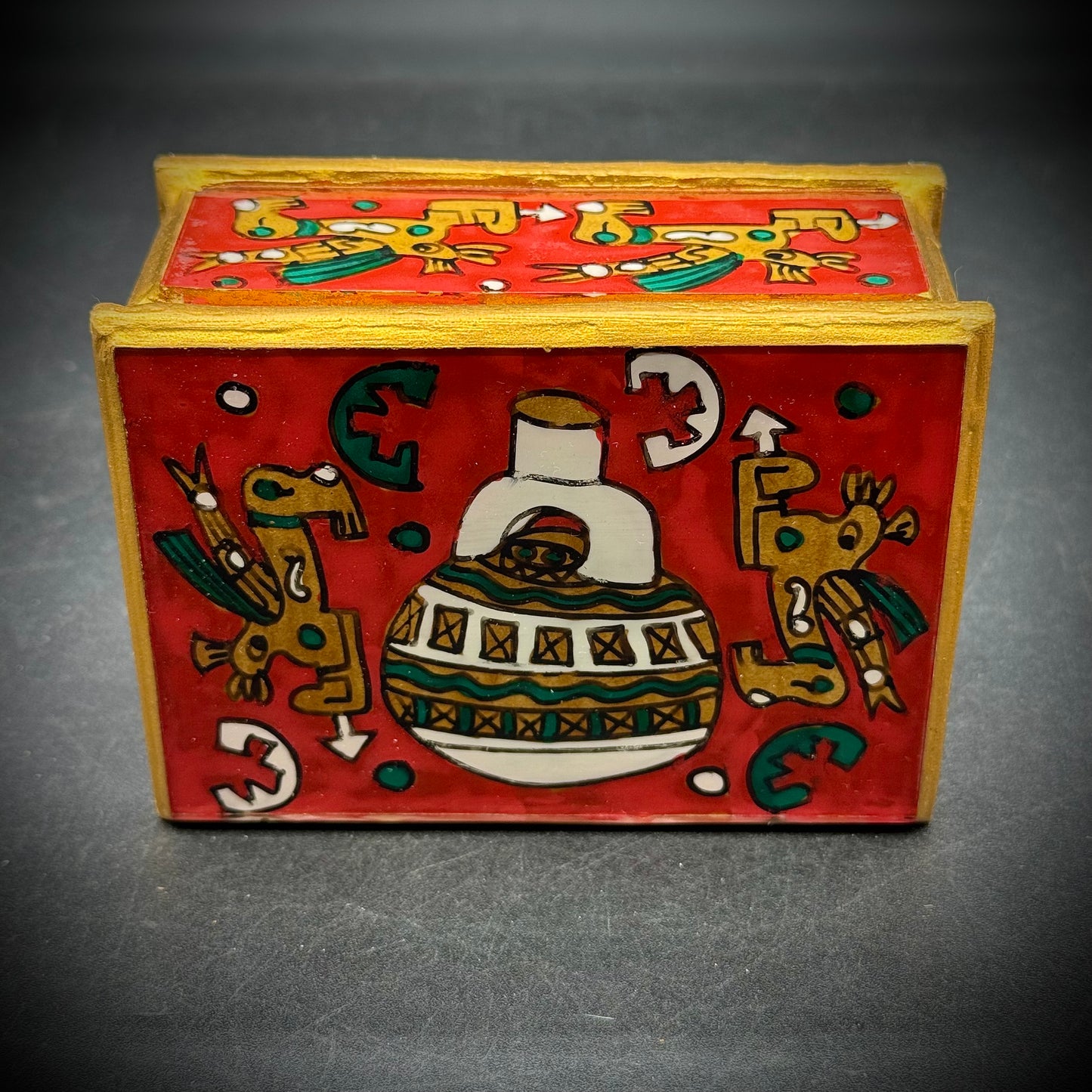 South American Made Mayan Motif Hinged Lidded Trinket Box