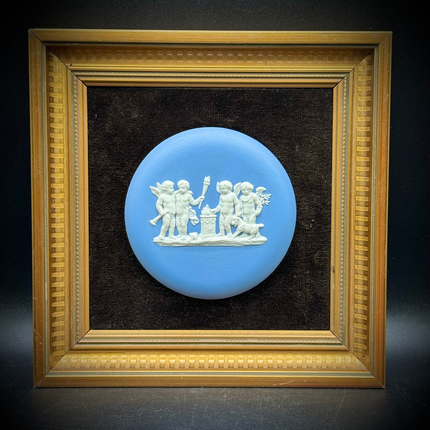 Vintage Wedgwood Blue Jasperware Cupid Display in Gold Tone Frame
