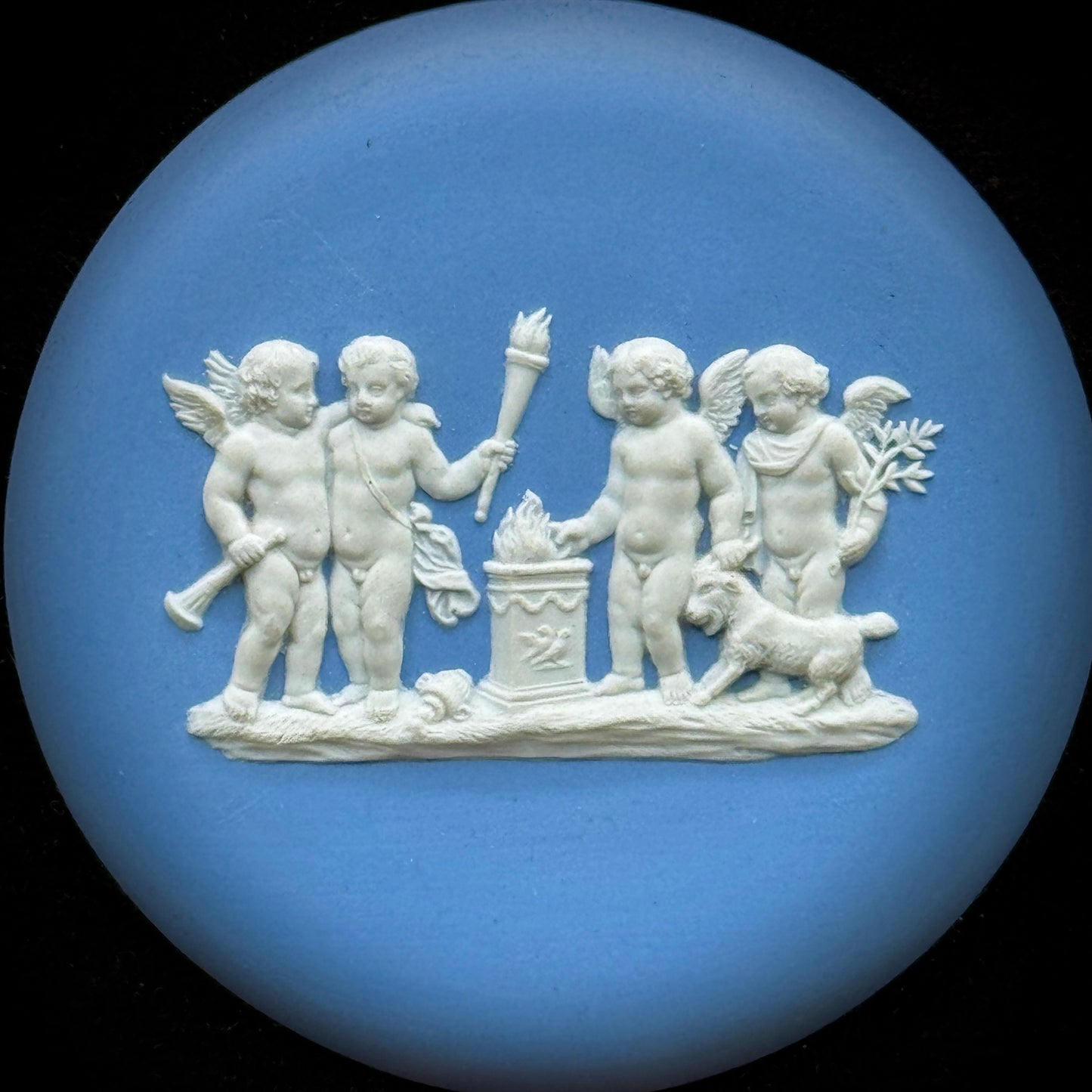 Vintage Wedgwood Blue Jasperware Cupid Display in Gold Tone Frame
