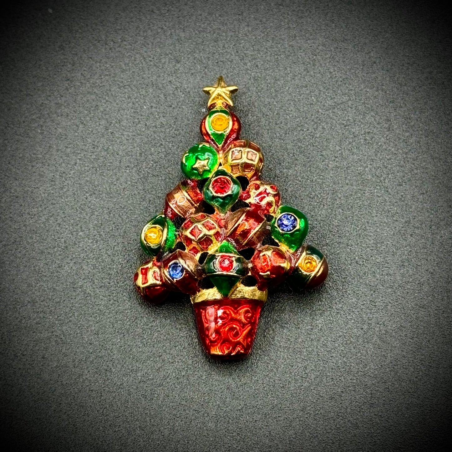 Vintage Christopher Radko Signed Enamel & Rhinestone Christmas Tree Pin