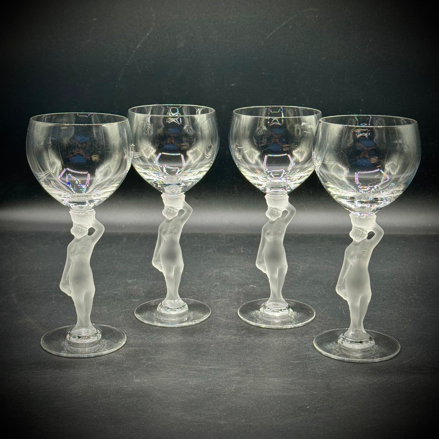 Set of 4 Vintage Bayel French Crystal Nude Figure Glasses