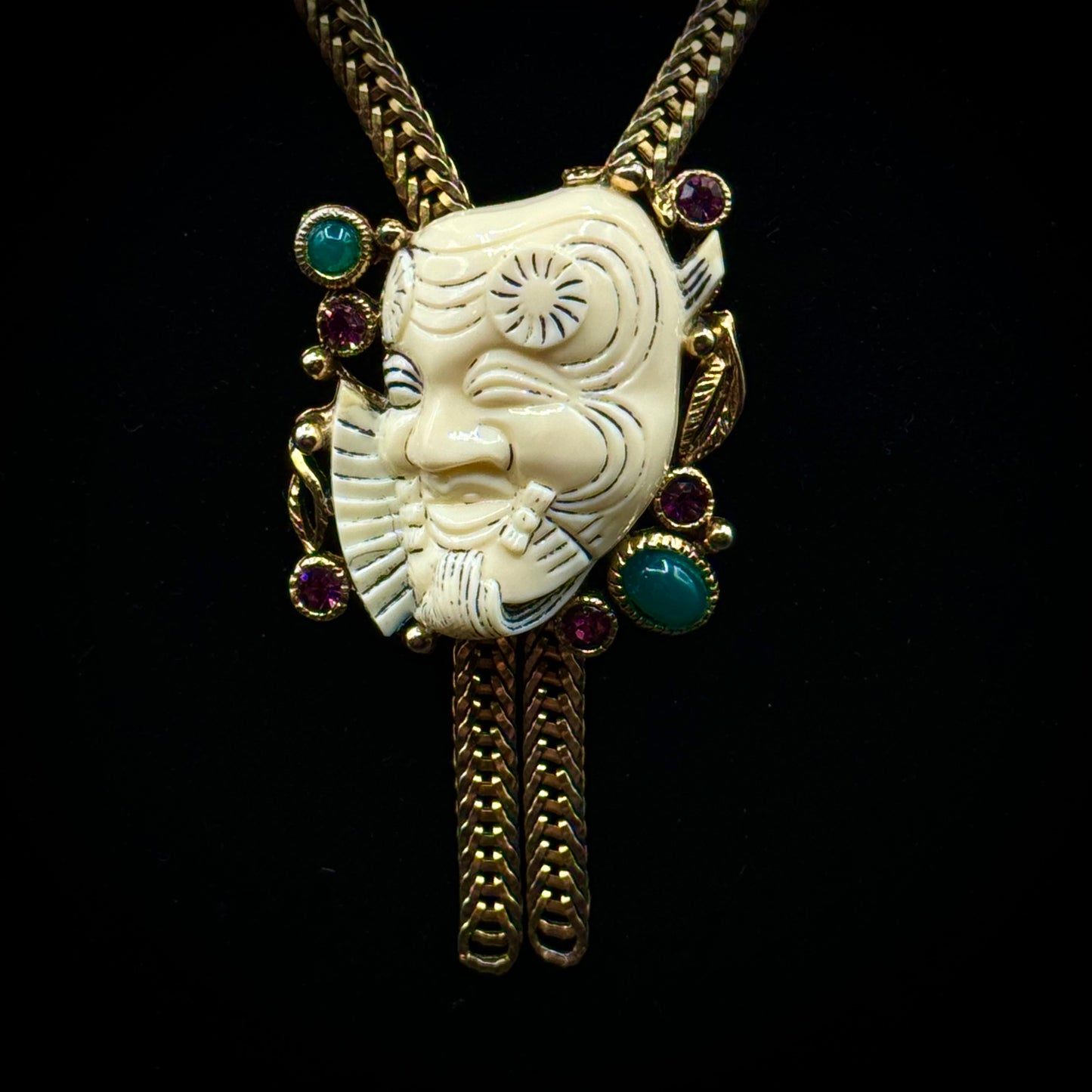 Selro Lucite Japanese Noh Mask Lariat Necklace