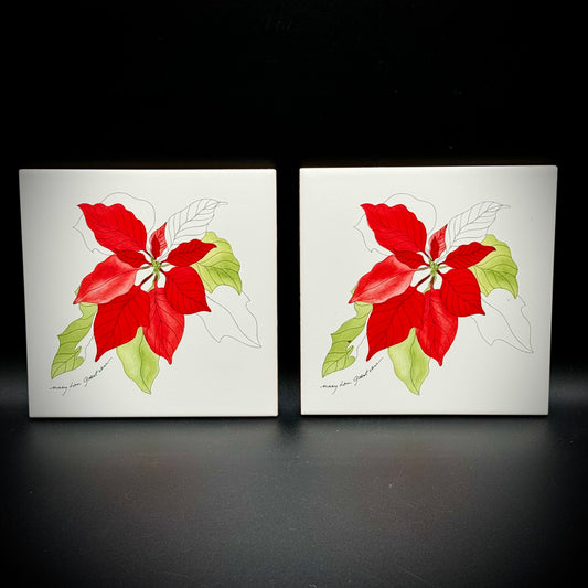 Pair of Poinsettia Artisan Tiles Made in Portugal