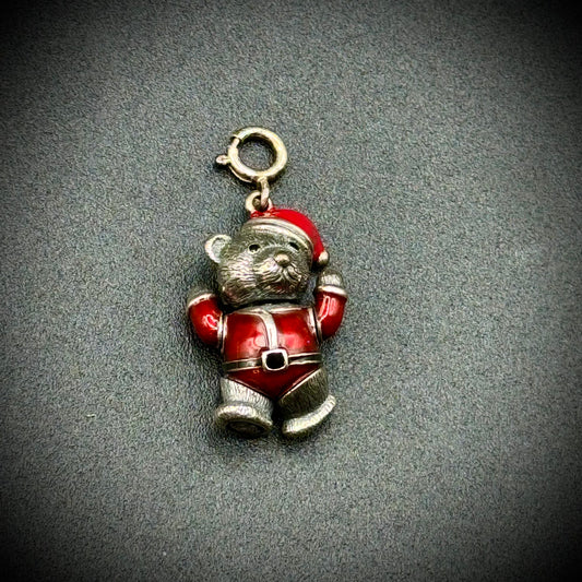 Sterling Silver & Red Enamel Articulating Santa Bear Charm