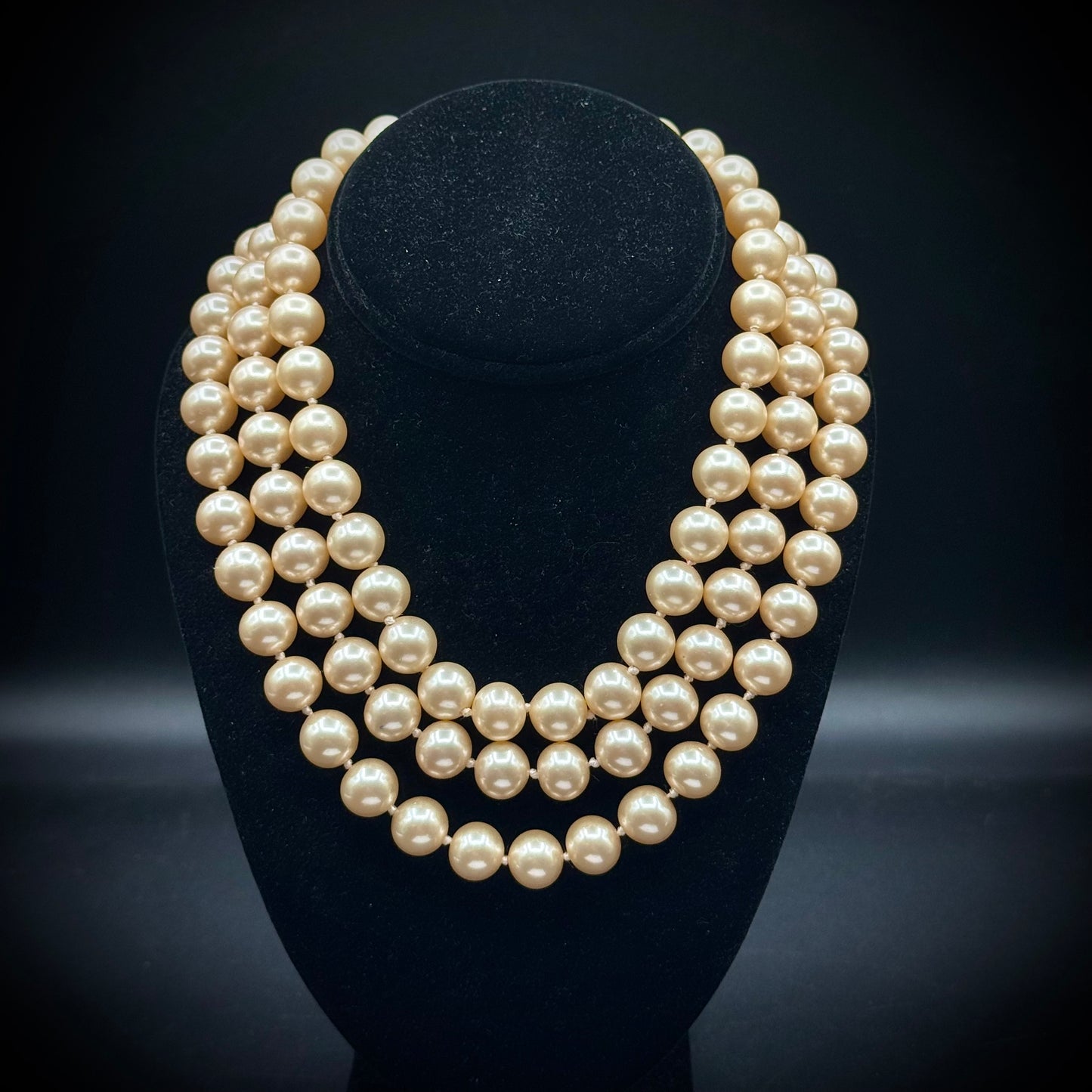 Vintage Three Strand Knotted Pearl Necklace with Ornate Closure