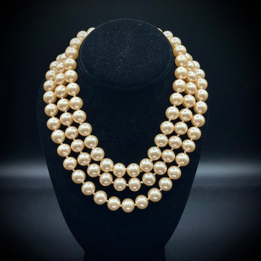 Vintage Three Strand Knotted Pearl Necklace with Ornate Closure