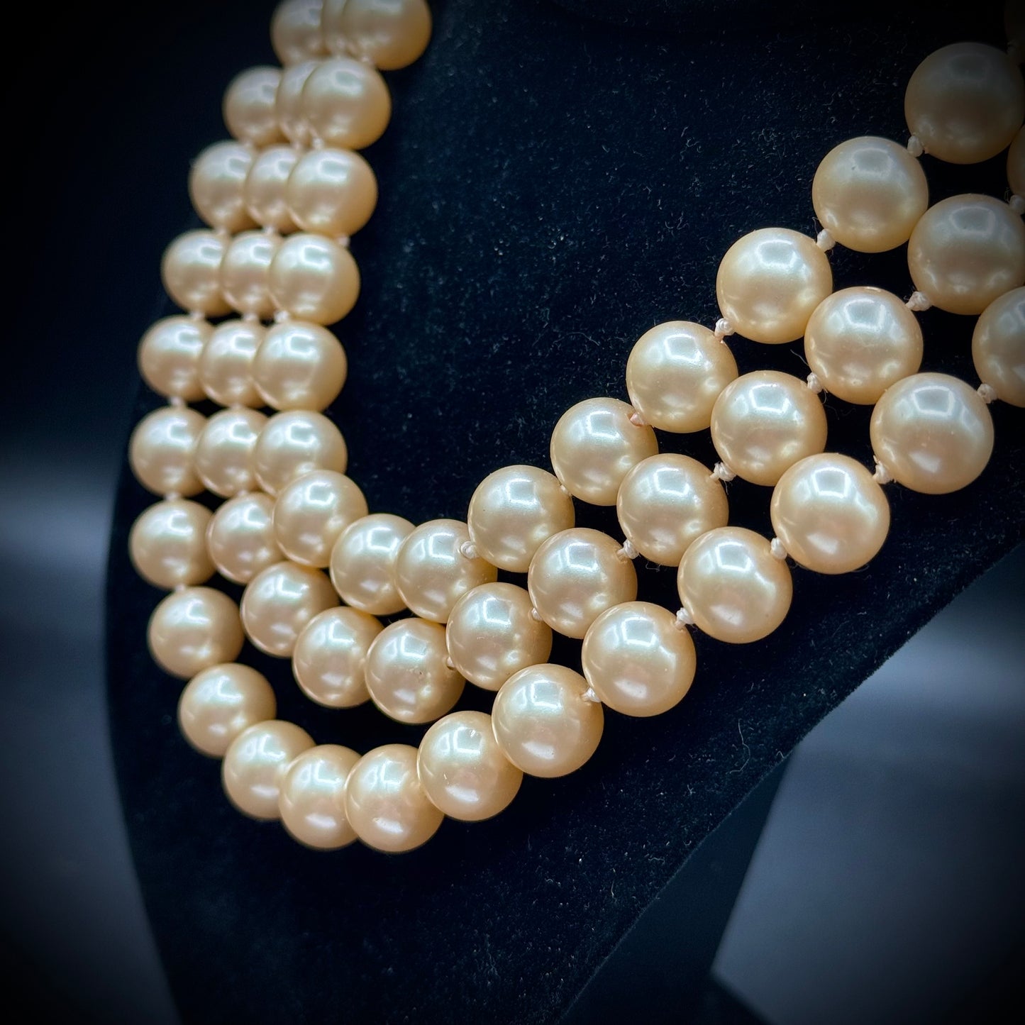 Vintage Three Strand Knotted Pearl Necklace with Ornate Closure