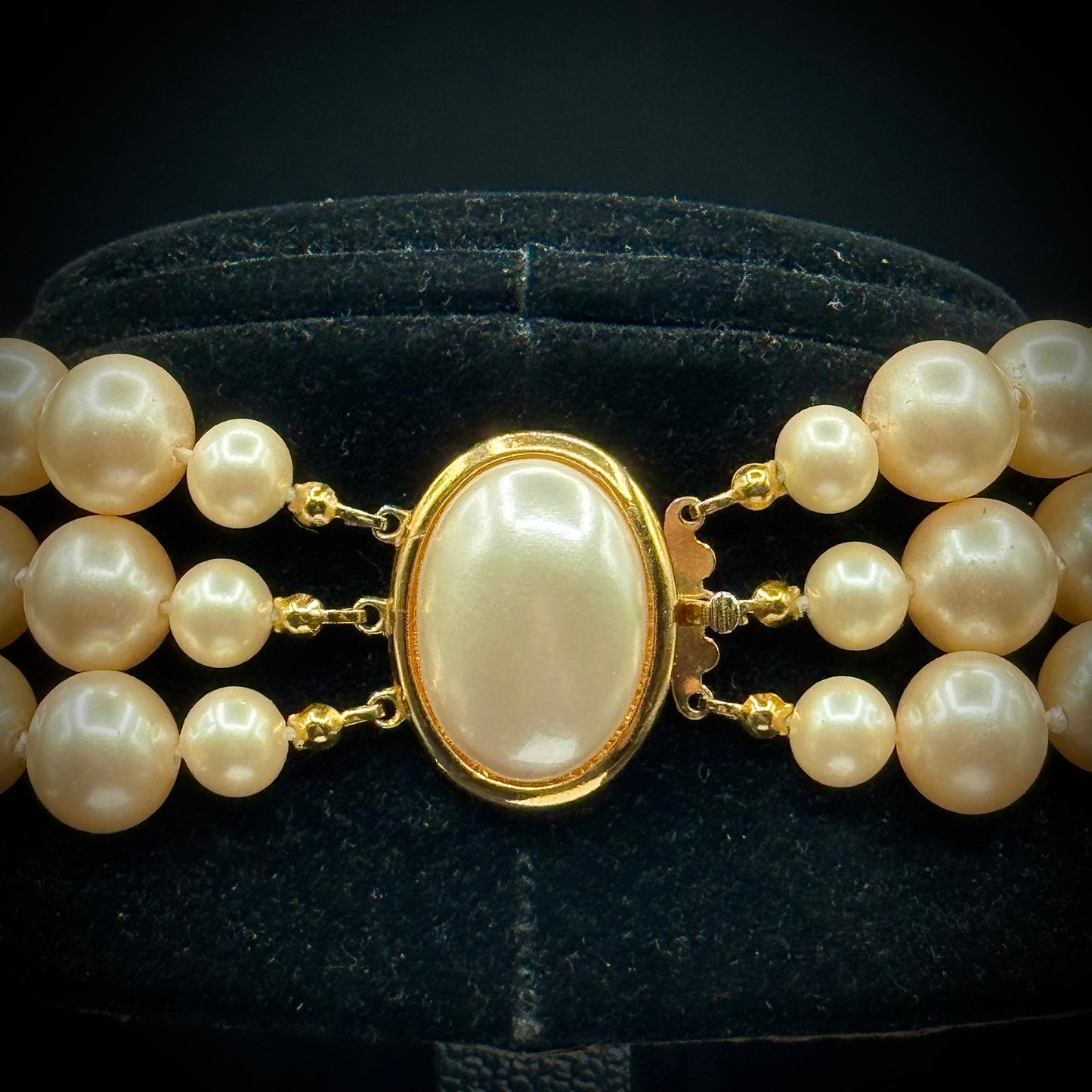 Vintage Three Strand Knotted Pearl Necklace with Ornate Closure