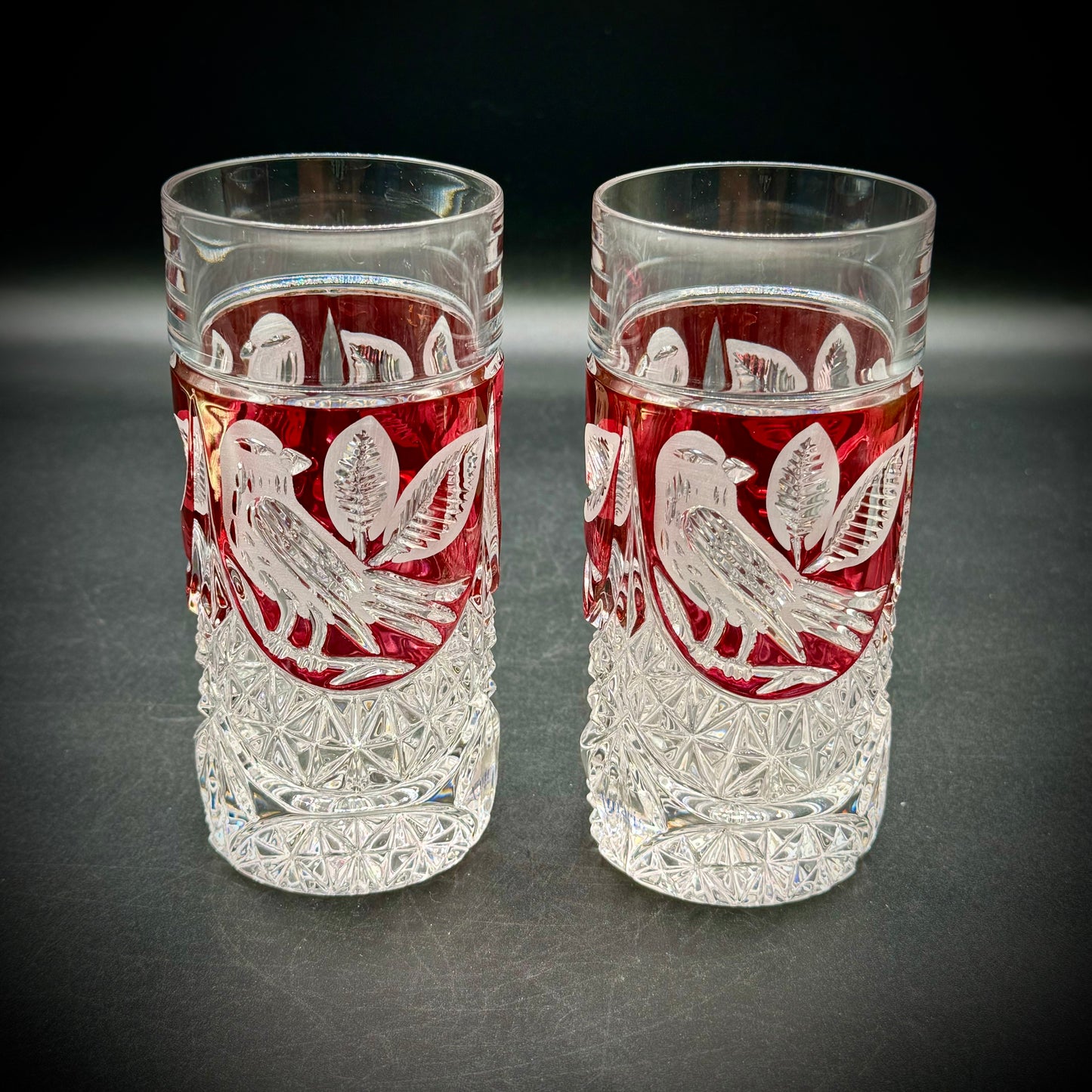 Pair of Two Amaris Nachtmann Crystal Cranberry Cut to Clear Glasses