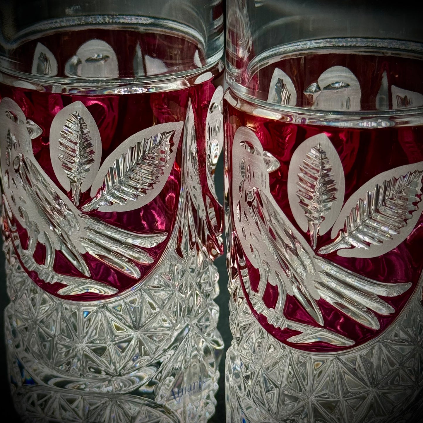 Pair of Two Amaris Nachtmann Crystal Cranberry Cut to Clear Glasses