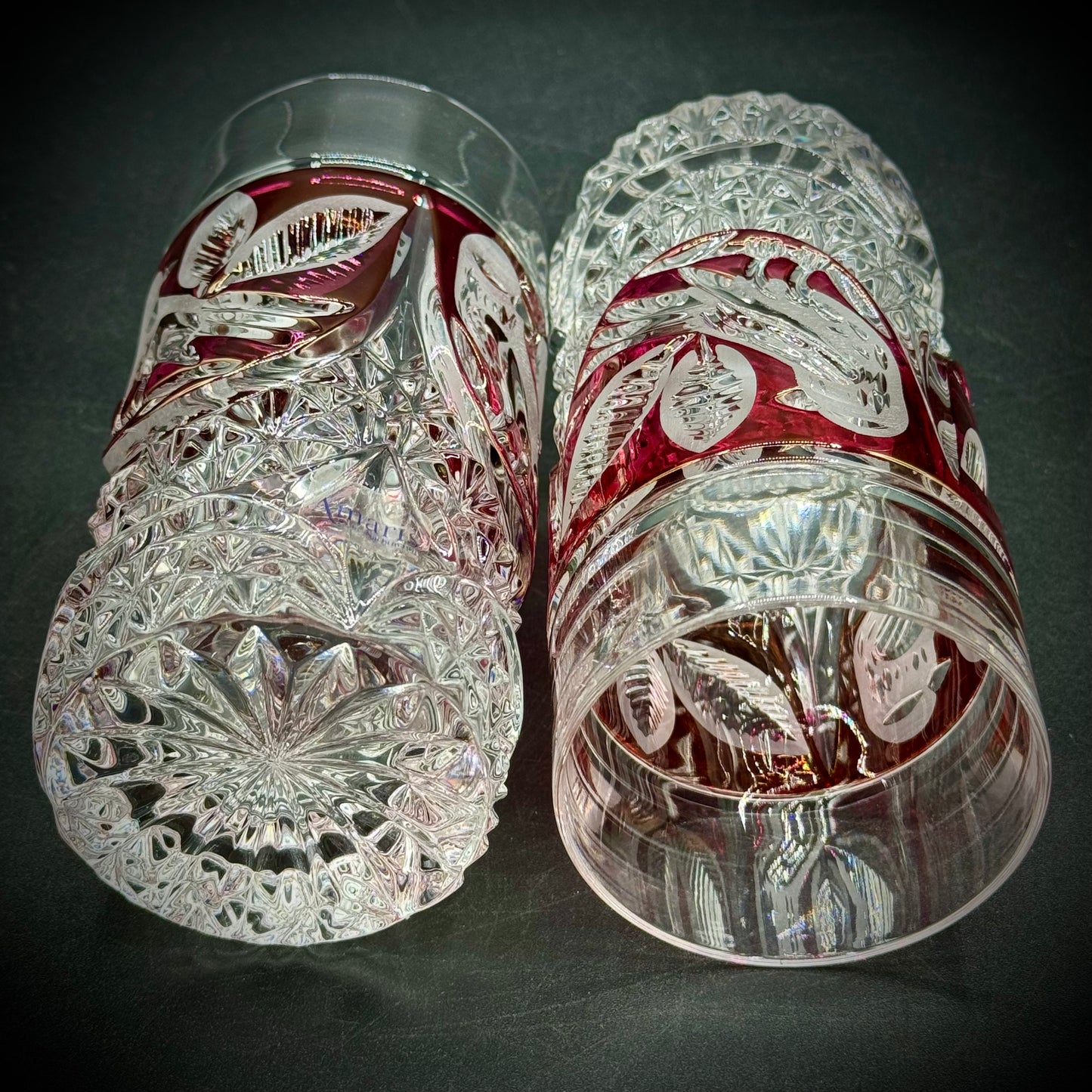 Pair of Two Amaris Nachtmann Crystal Cranberry Cut to Clear Glasses