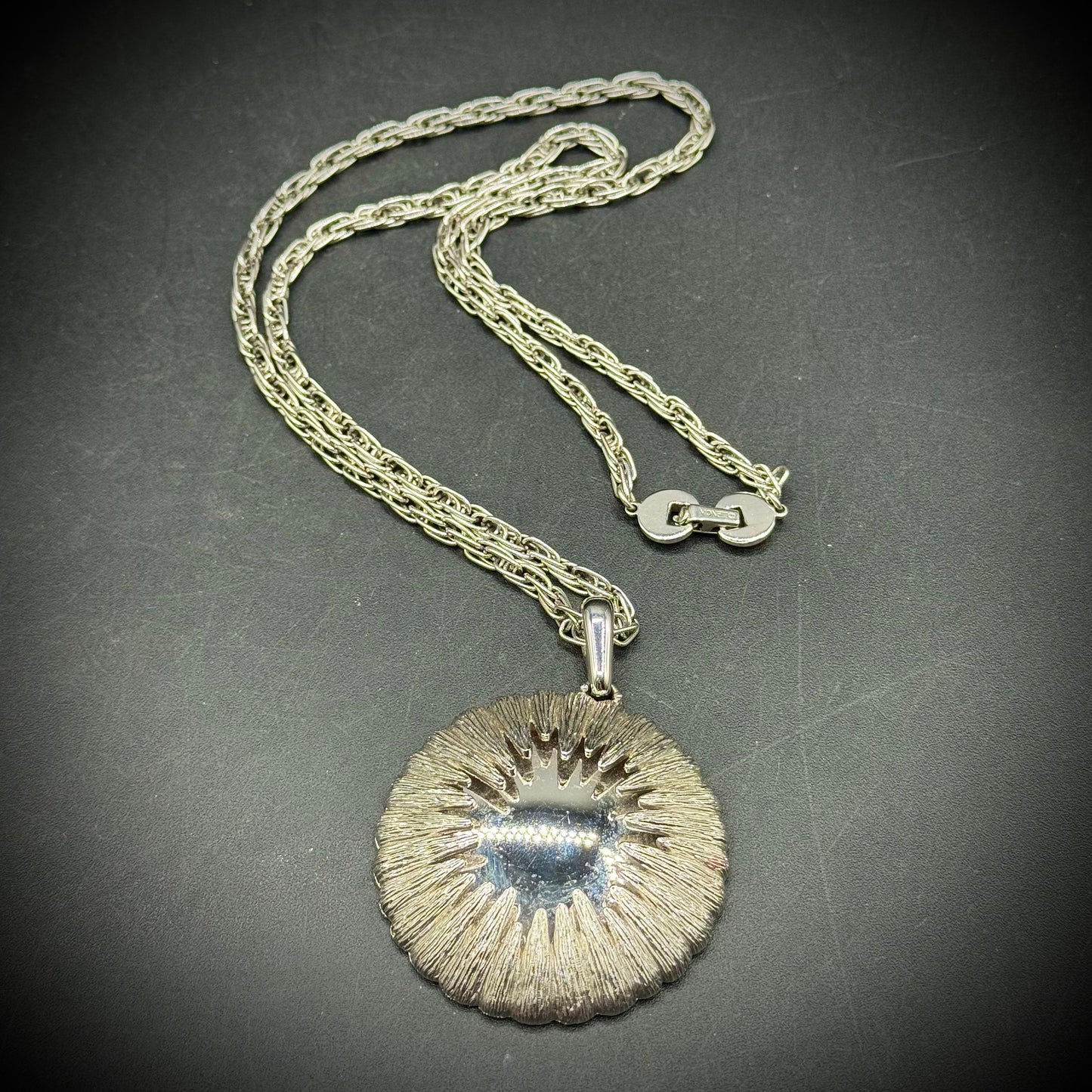 Vintage Monet Silver Tone/Mirror Pendant Necklace on Long Chain