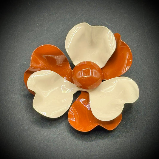 Vintage Metal Chocolate Brown & Cream Flower Brooch
