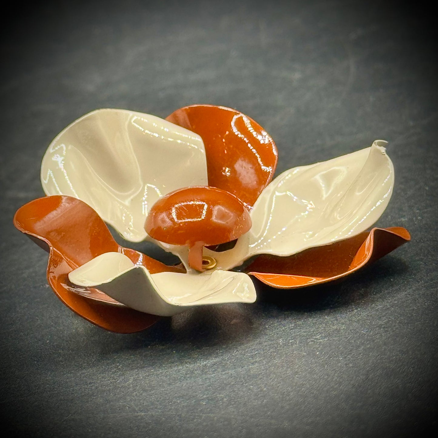 Vintage Metal Chocolate Brown & Cream Flower Brooch