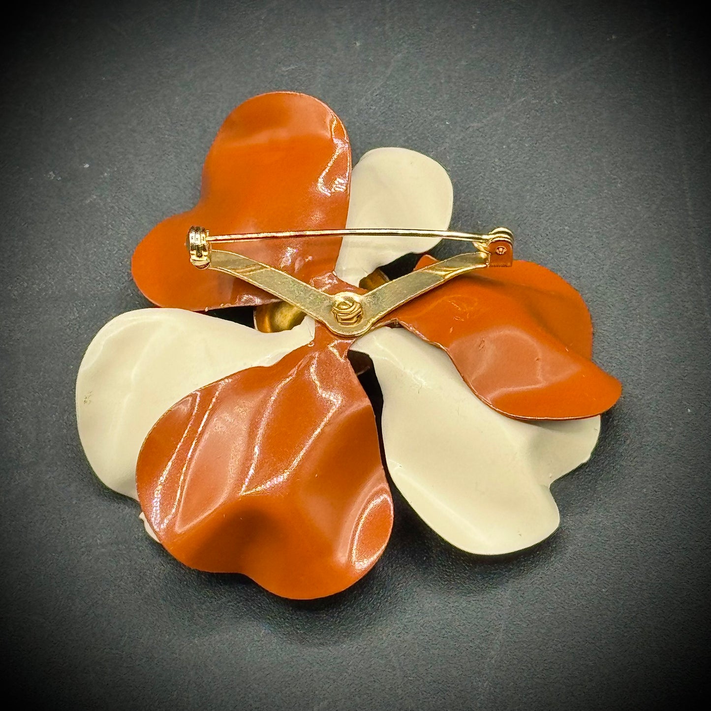 Vintage Metal Chocolate Brown & Cream Flower Brooch