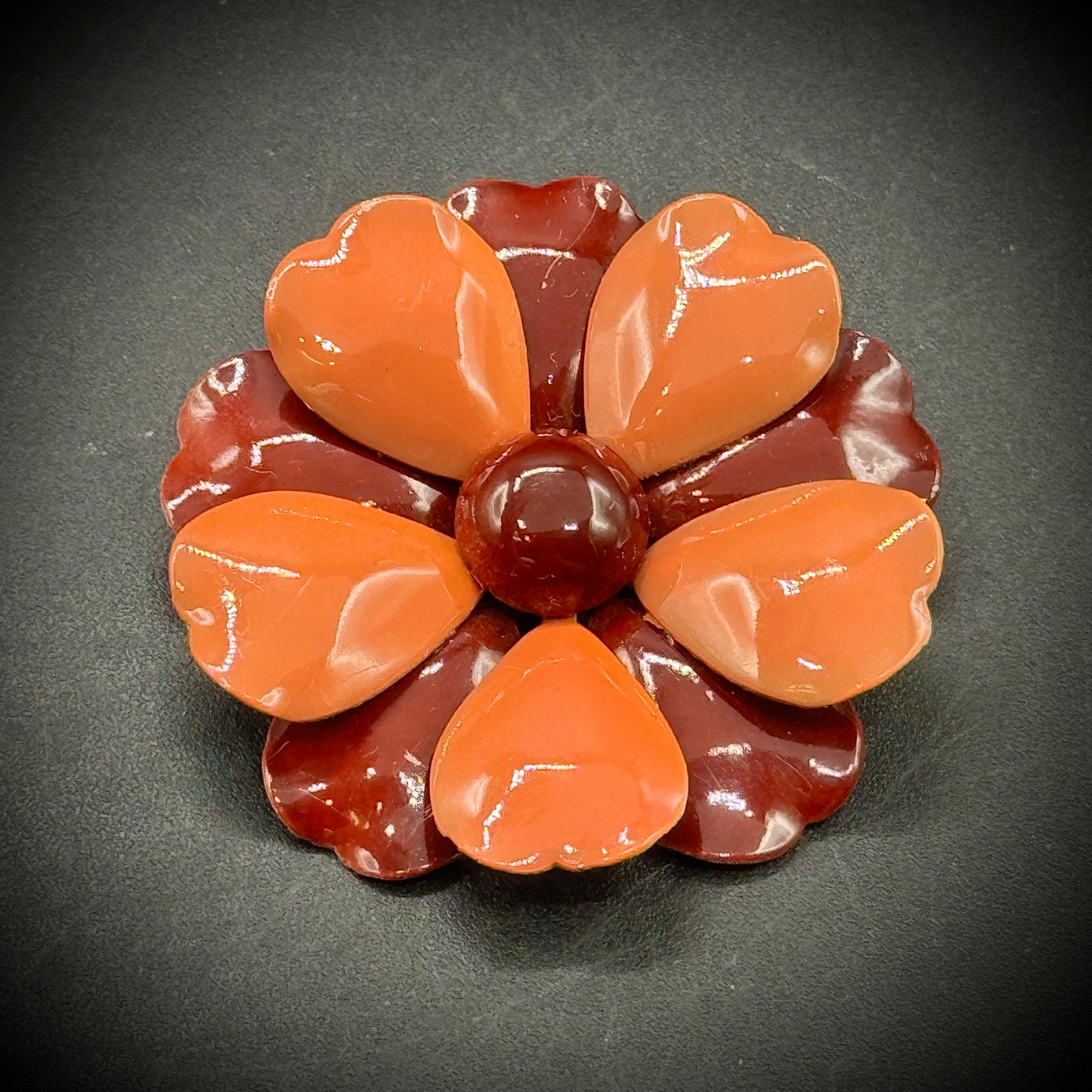 Vintage Metal Chocolate Brown & Caramel Flower Brooch