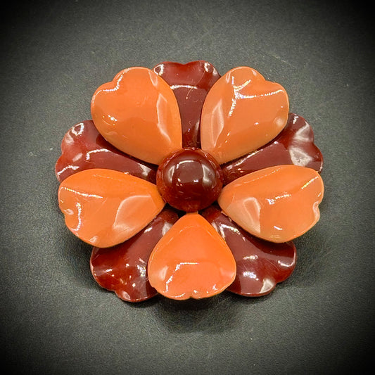 Vintage Metal Chocolate Brown & Caramel Flower Brooch