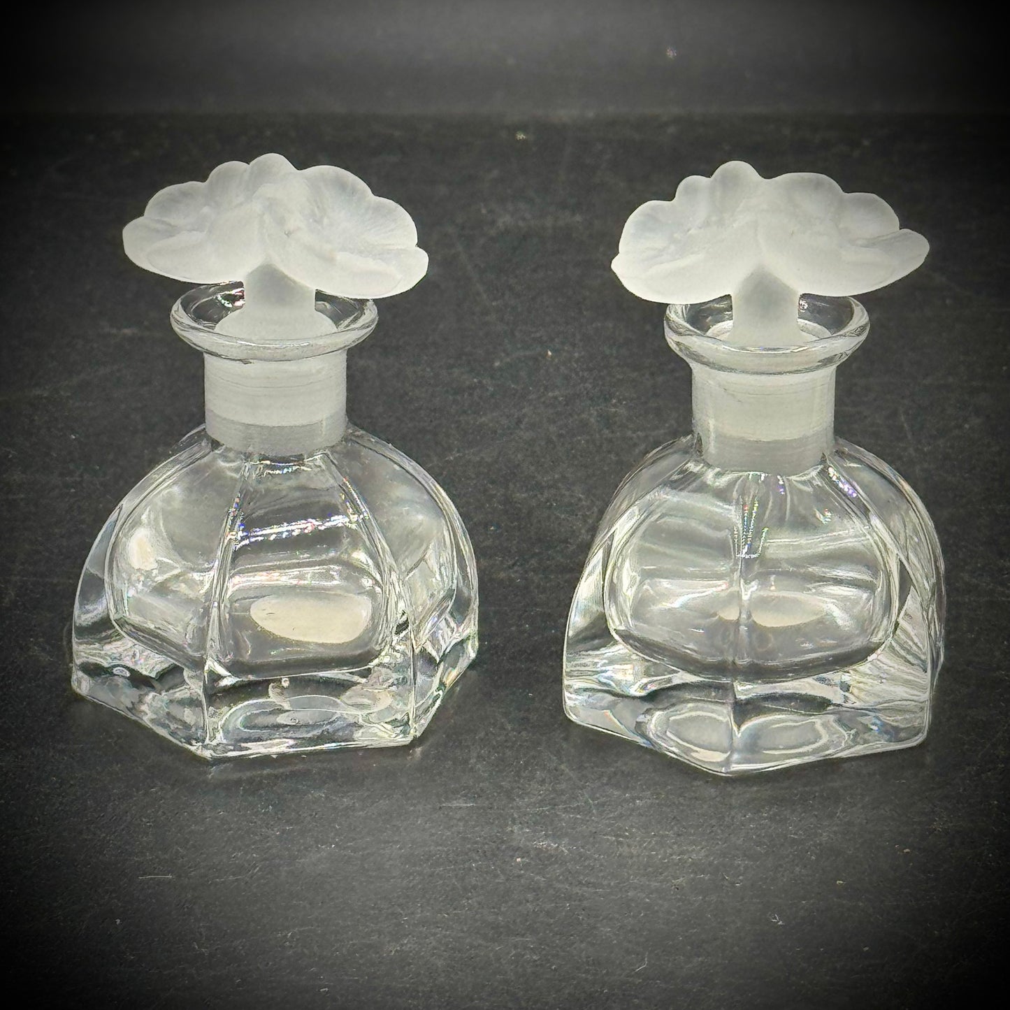 Pair of Vintage Italian Lead Crystal Perfume Bottled with Flower Motif Stoppers