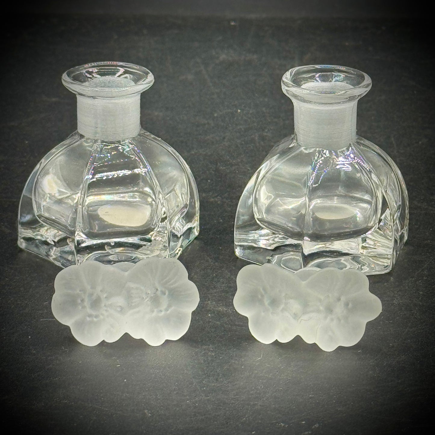 Pair of Vintage Italian Lead Crystal Perfume Bottled with Flower Motif Stoppers