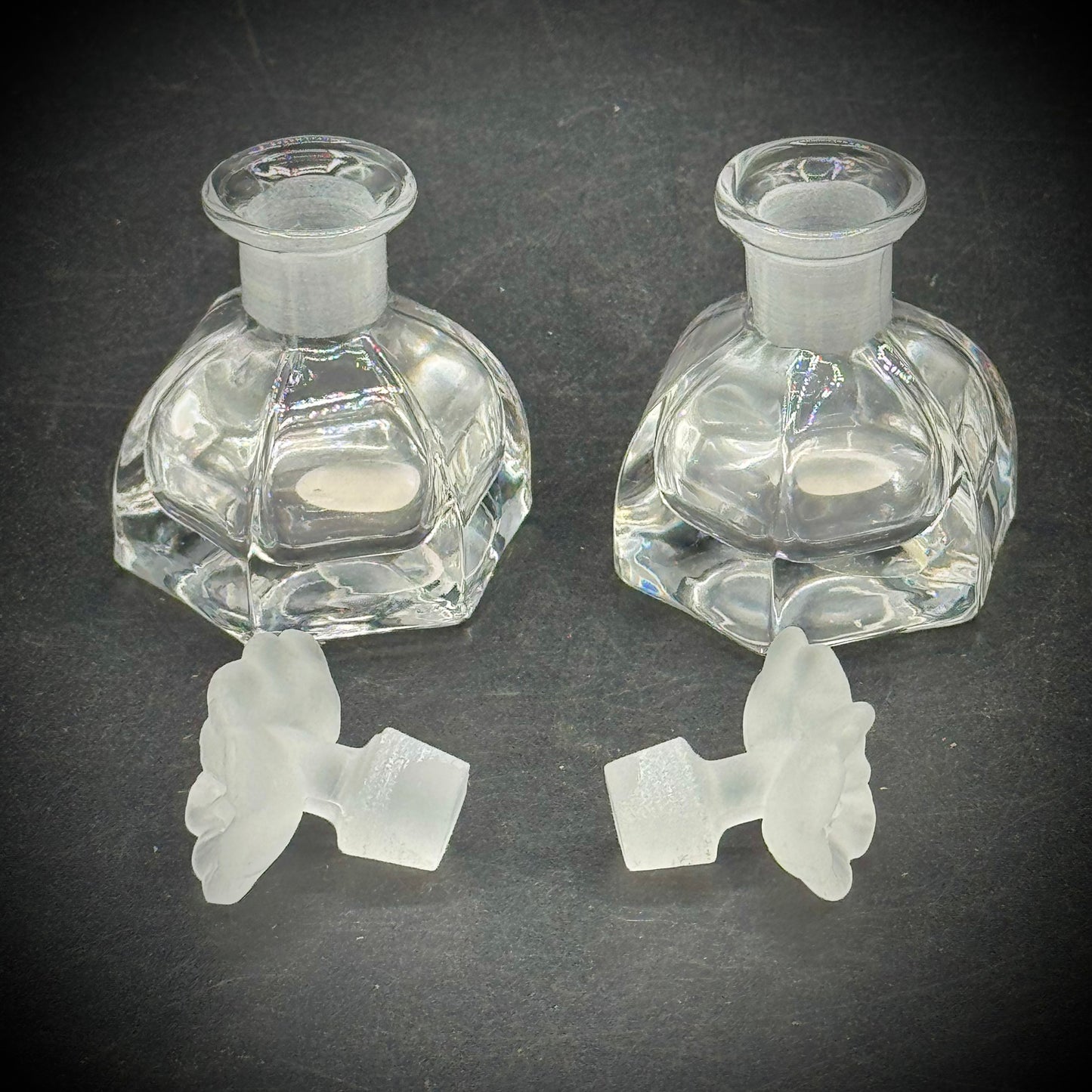 Pair of Vintage Italian Lead Crystal Perfume Bottled with Flower Motif Stoppers