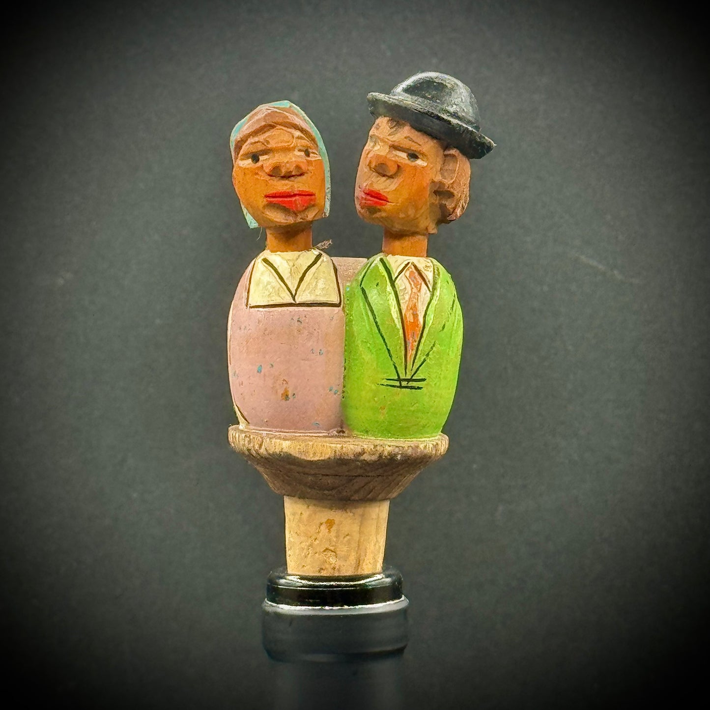 Antique Hand Carved German Wood Stopper with Mechanical Kissing Couple