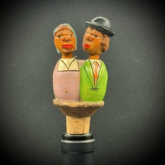 Antique Hand Carved German Wood Stopper with Mechanical Kissing Couple