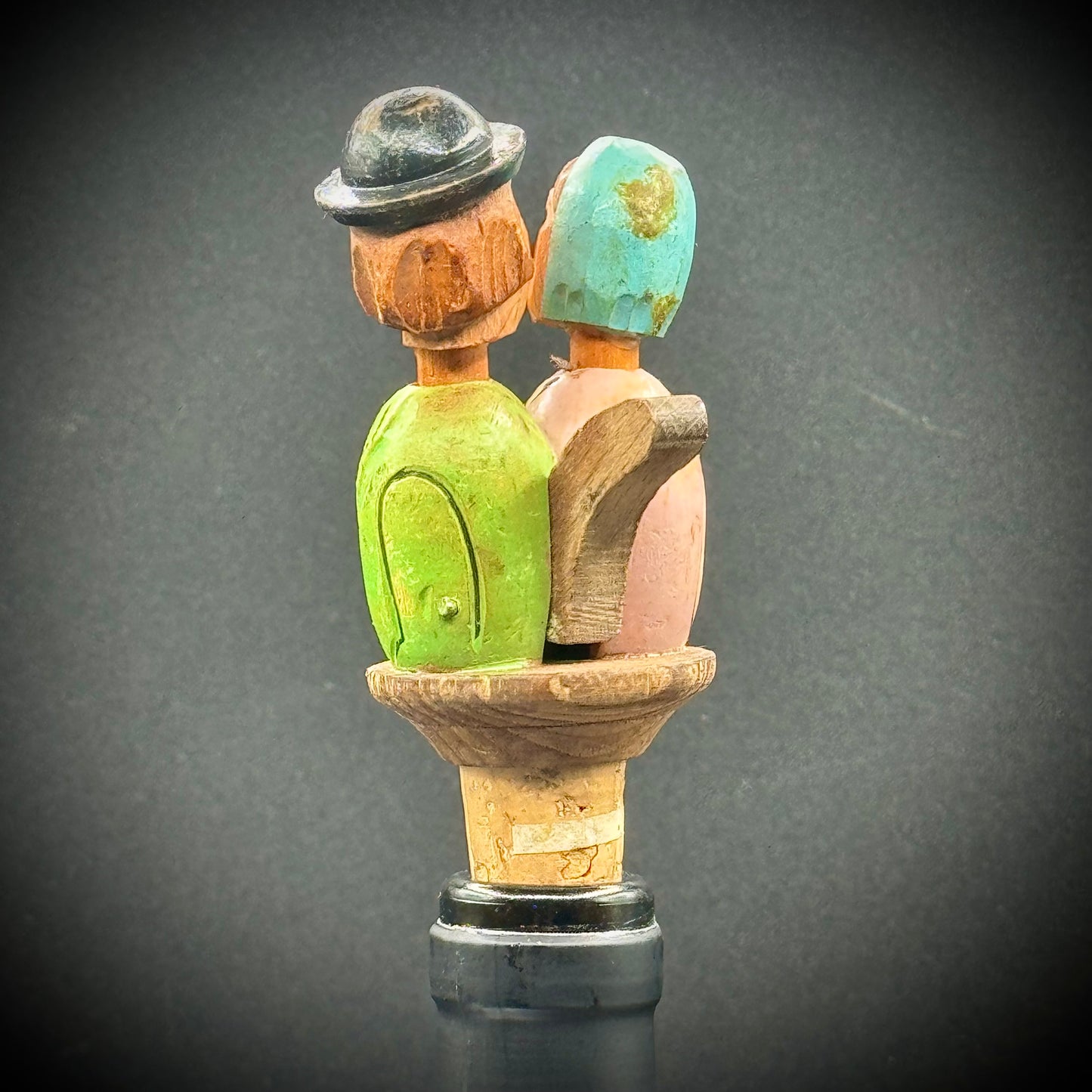 Antique Hand Carved German Wood Stopper with Mechanical Kissing Couple