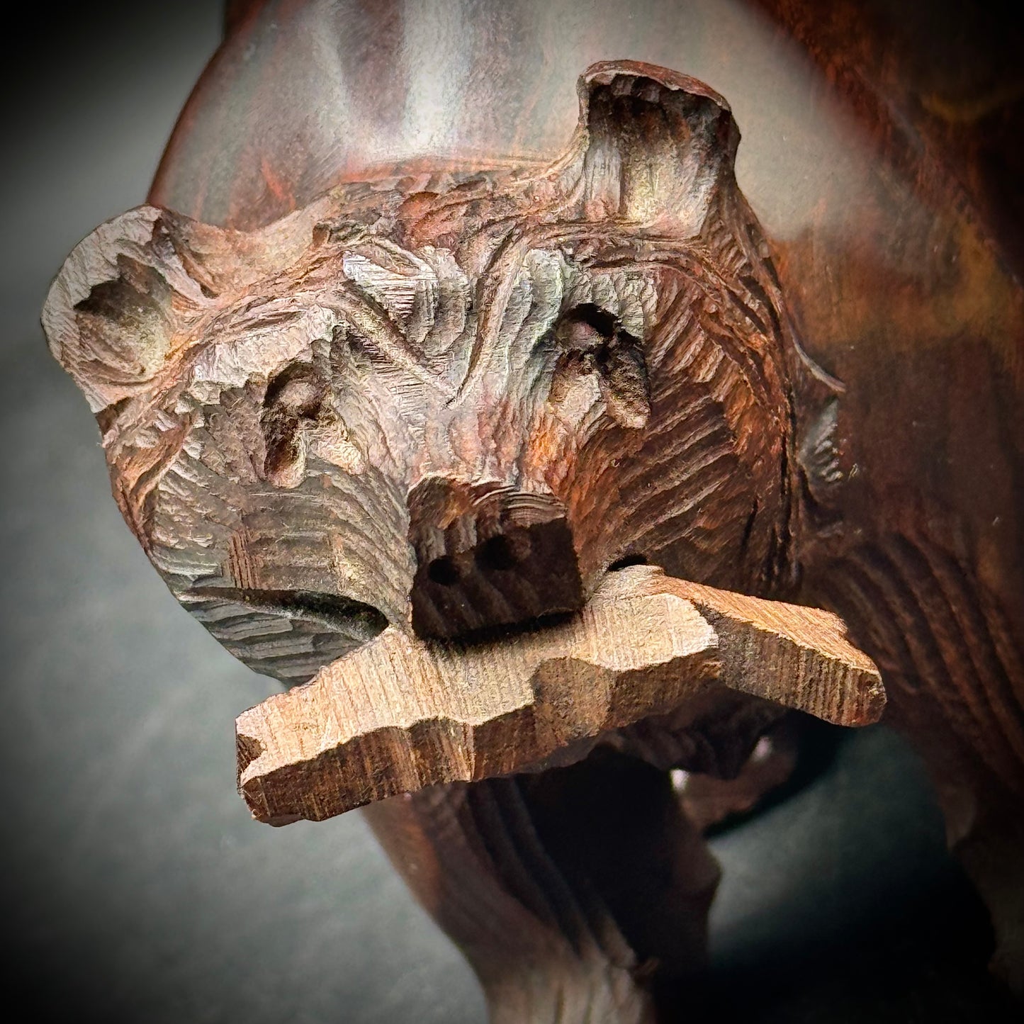 Carved Heavy Ironwood Grizzly Bear with Fish