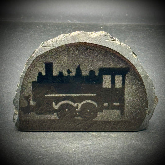 Carved & Etched Coal Railroad Motif Paperweight
