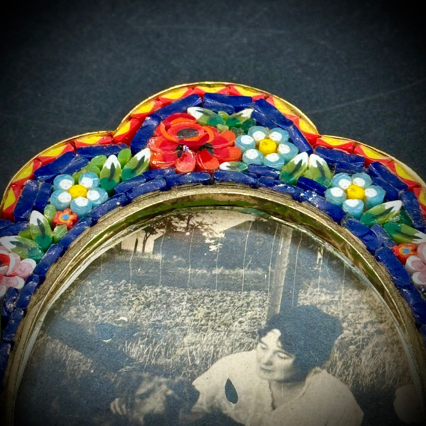 Vintage Fold Tone Micro Mosaic Flower Frame Italy