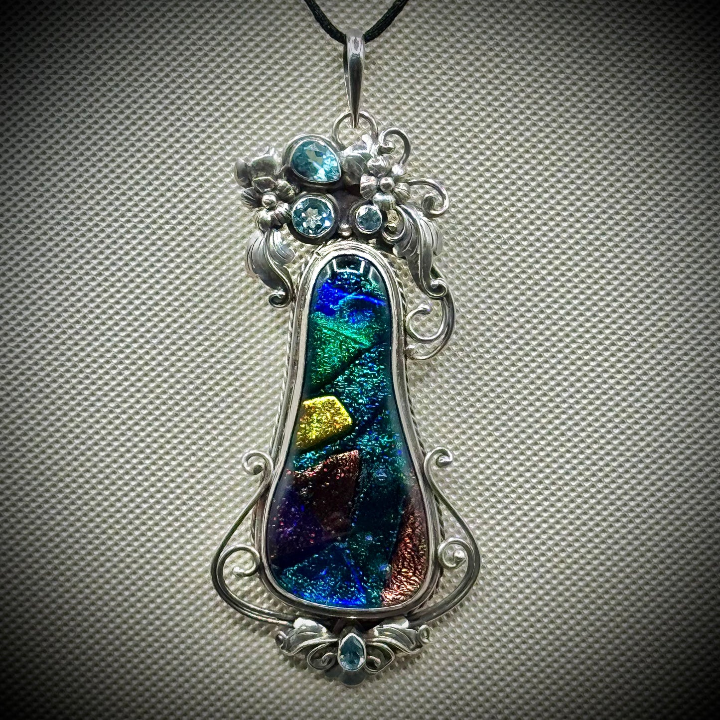 Blue & Aqua Dichroic Glass Pendant on Sterling Silver with Cut Aquamarine Gemstones