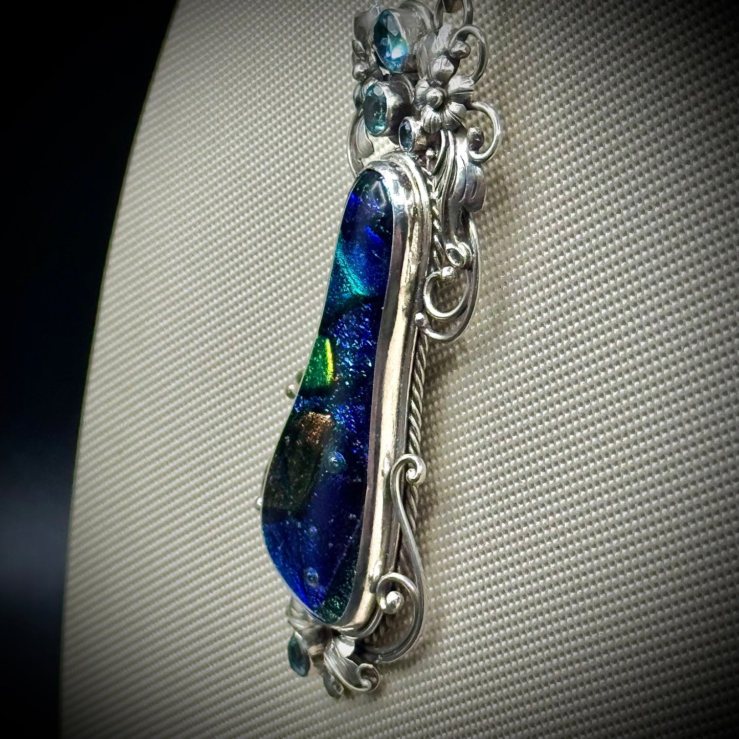 Blue & Aqua Dichroic Glass Pendant on Sterling Silver with Cut Aquamarine Gemstones