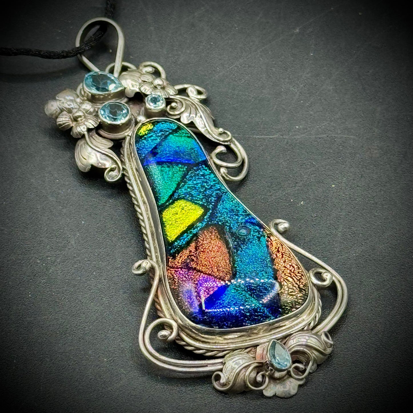Blue & Aqua Dichroic Glass Pendant on Sterling Silver with Cut Aquamarine Gemstones
