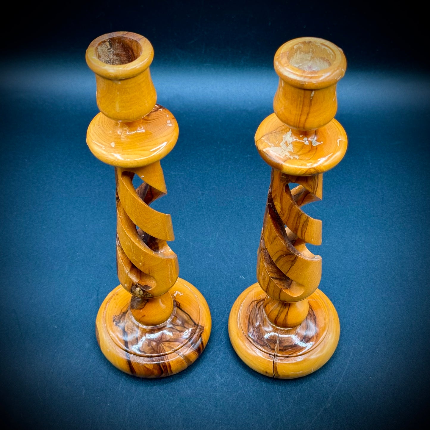 Pair of Hand Carved Olive Wood Candlesticks Made in Bethlehem The Holy Land