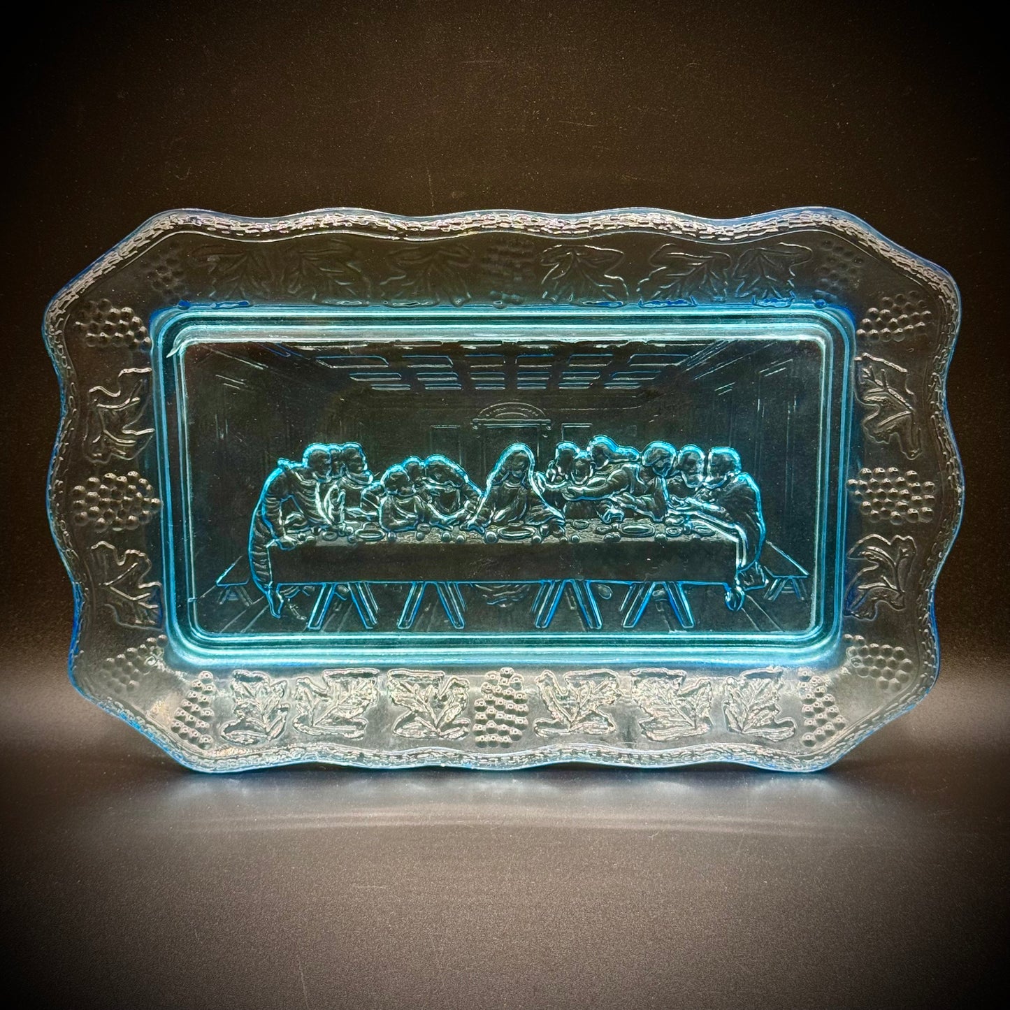 Vintage Indiana Glass Last Supper Blue Tiara Bread Plate