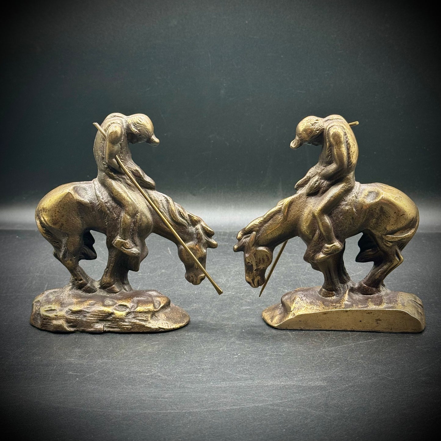 Vintage c. 1960s Heavy Cast Bronze "End of The Trail" Bookends