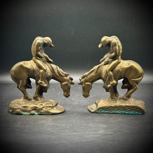 Vintage c. 1960s Solid Brass "End of The Trail" Bookends