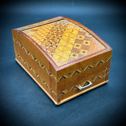 Vintage 1950s Inlaid Roll Top Wood Box - Made in Japan
