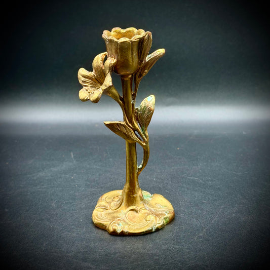 Antique Art Nouveau Gilded Cast Metal Flower Motif Candlestick