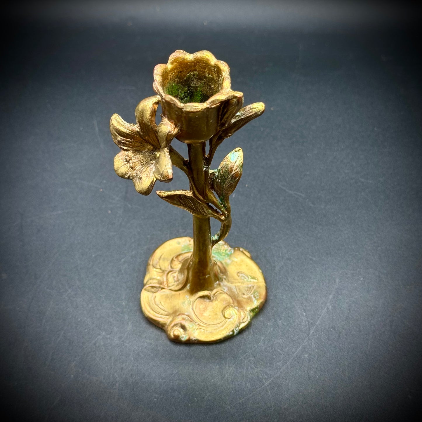 Antique Art Nouveau Gilded Cast Metal Flower Motif Candlestick