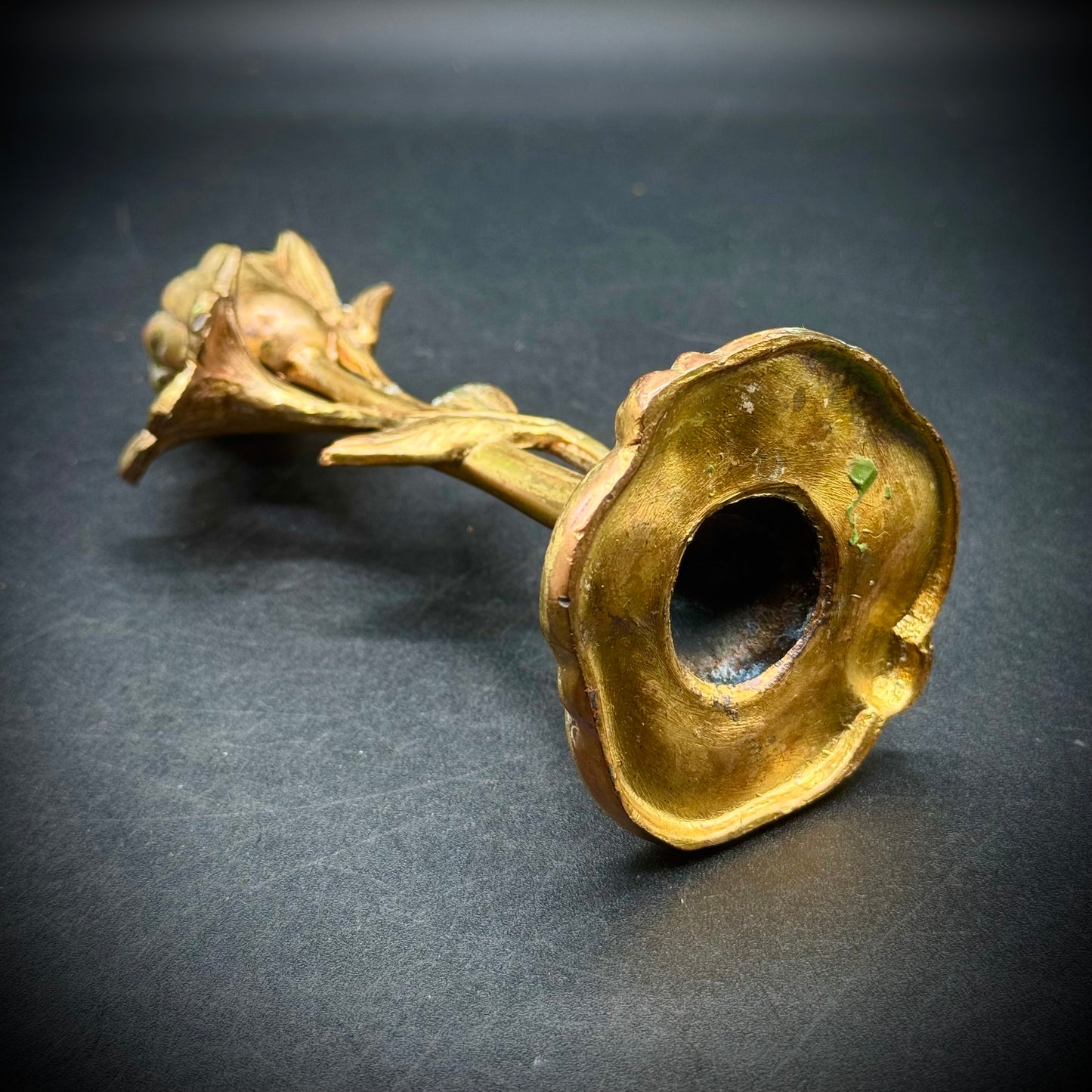Antique Art Nouveau Gilded Cast Metal Flower Motif Candlestick