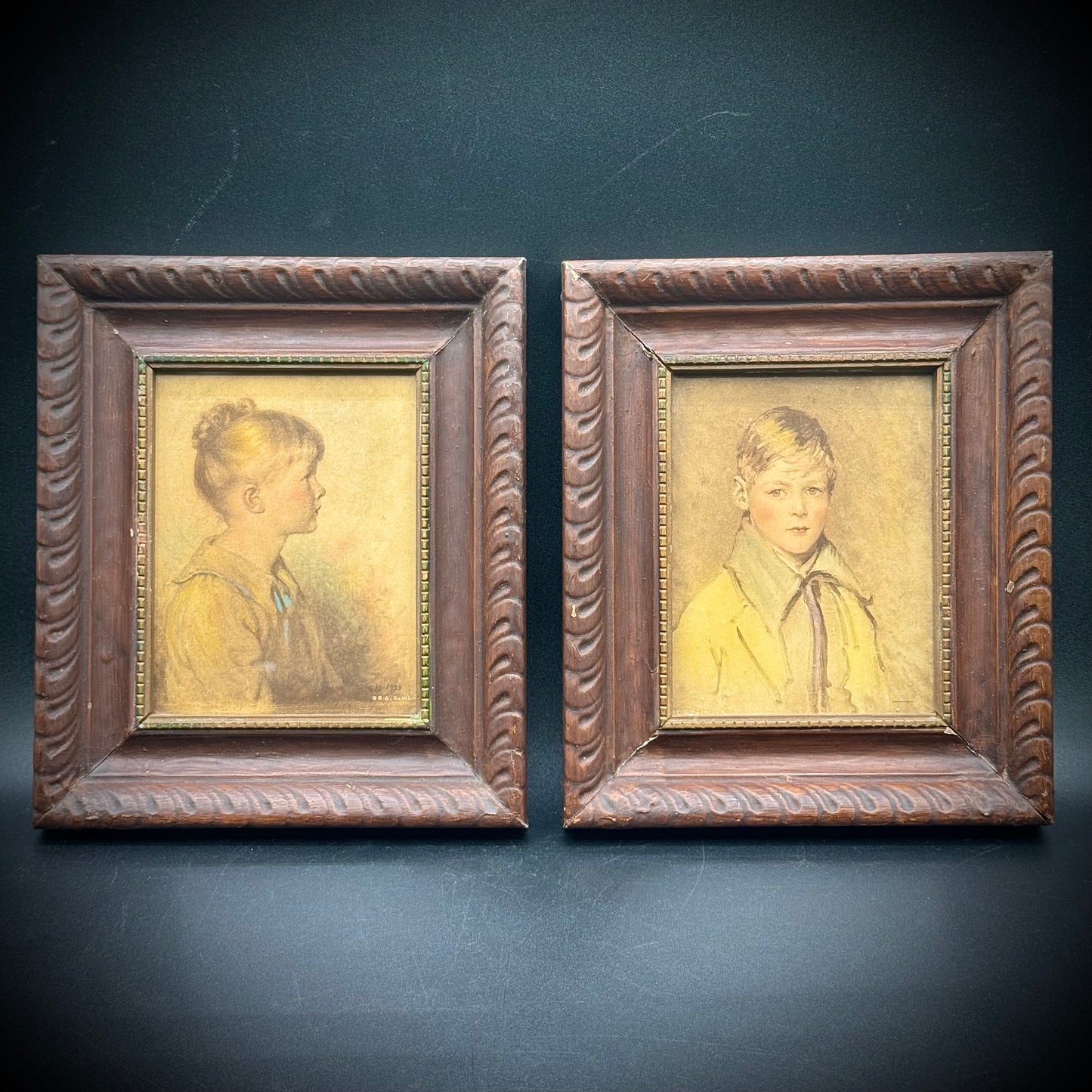 Pair of Framed Antique Hand Tinted Portraits "Robert" & "Charlotte"