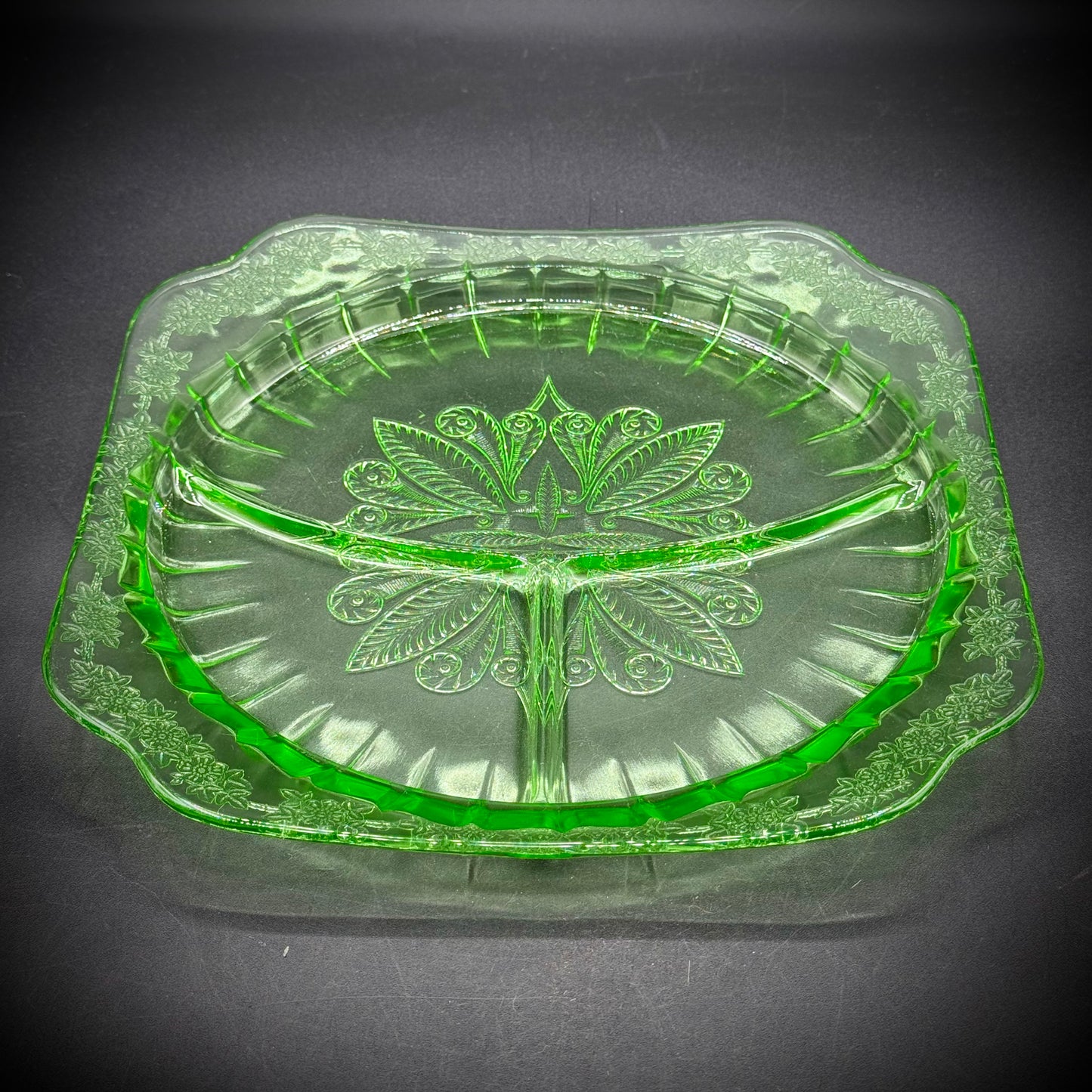 Vintage Uranium Glass Divided Grill Plate
