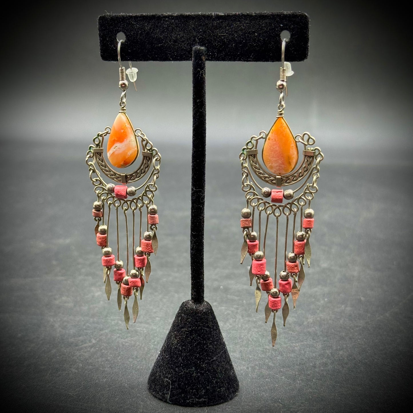 Hand Made Zuni Style Dangle Bead Earrings with Orange Calcite Stones