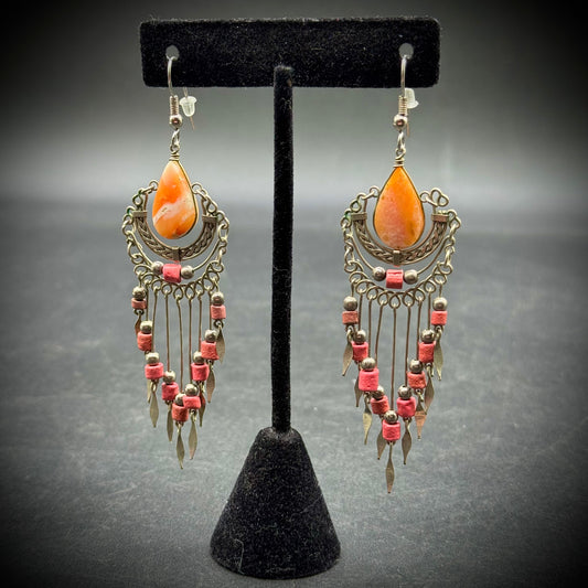 Hand Made Zuni Style Dangle Bead Earrings with Orange Calcite Stones