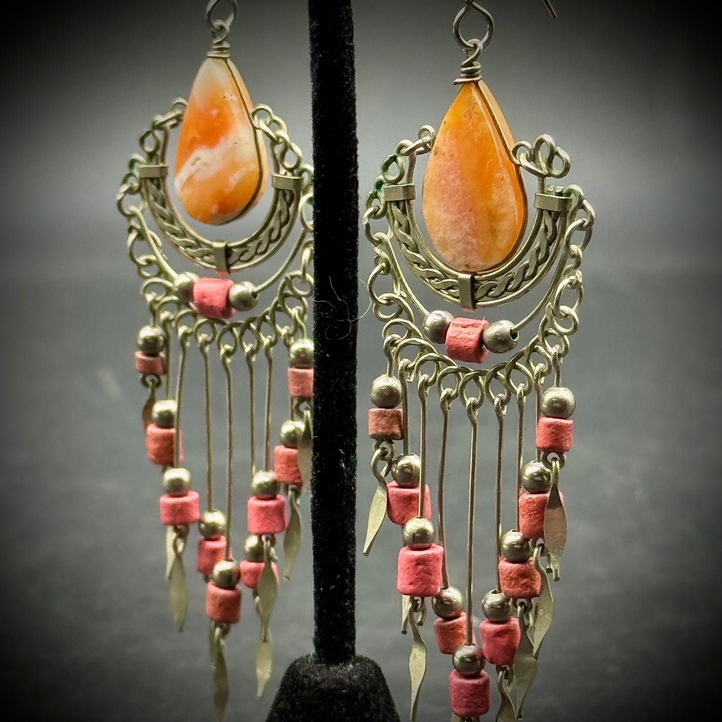 Hand Made Zuni Style Dangle Bead Earrings with Orange Calcite Stones