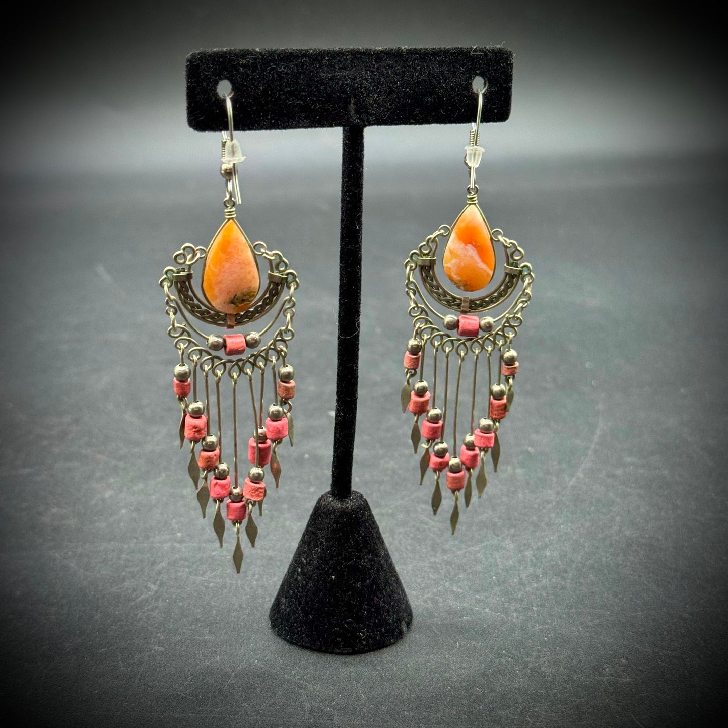 Hand Made Zuni Style Dangle Bead Earrings with Orange Calcite Stones