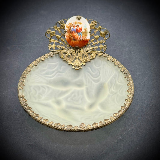 Metal, Porcelain & Art Glass Dish with Courting Couple & Bird Motif